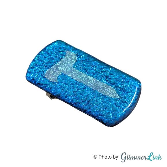 Metallic Blue Dichroic Glass Letter T Art Glass Rectangular Brooch - Picture 2 of 8